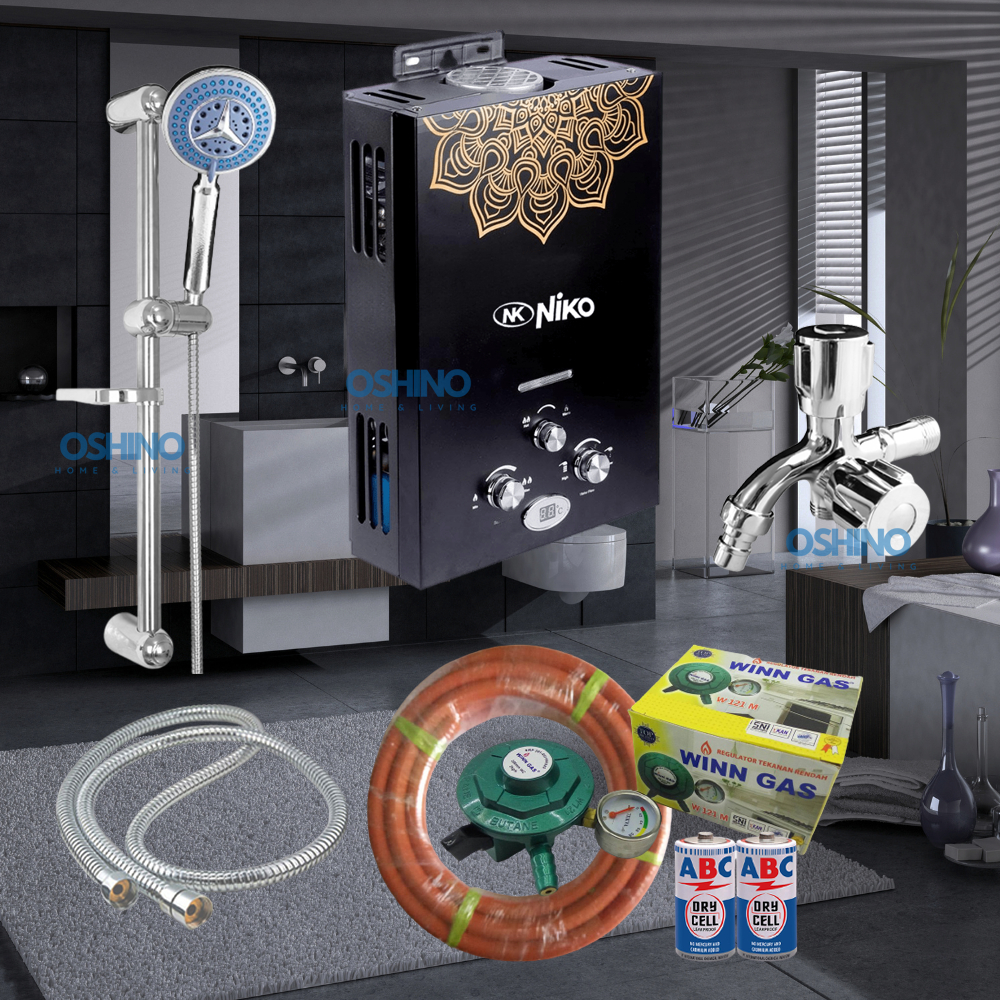 [COD] Paket Komplit Water Heater Gas Niko - Pemanas Air Warna Hitam dengan Set Tiang Shower Stainles