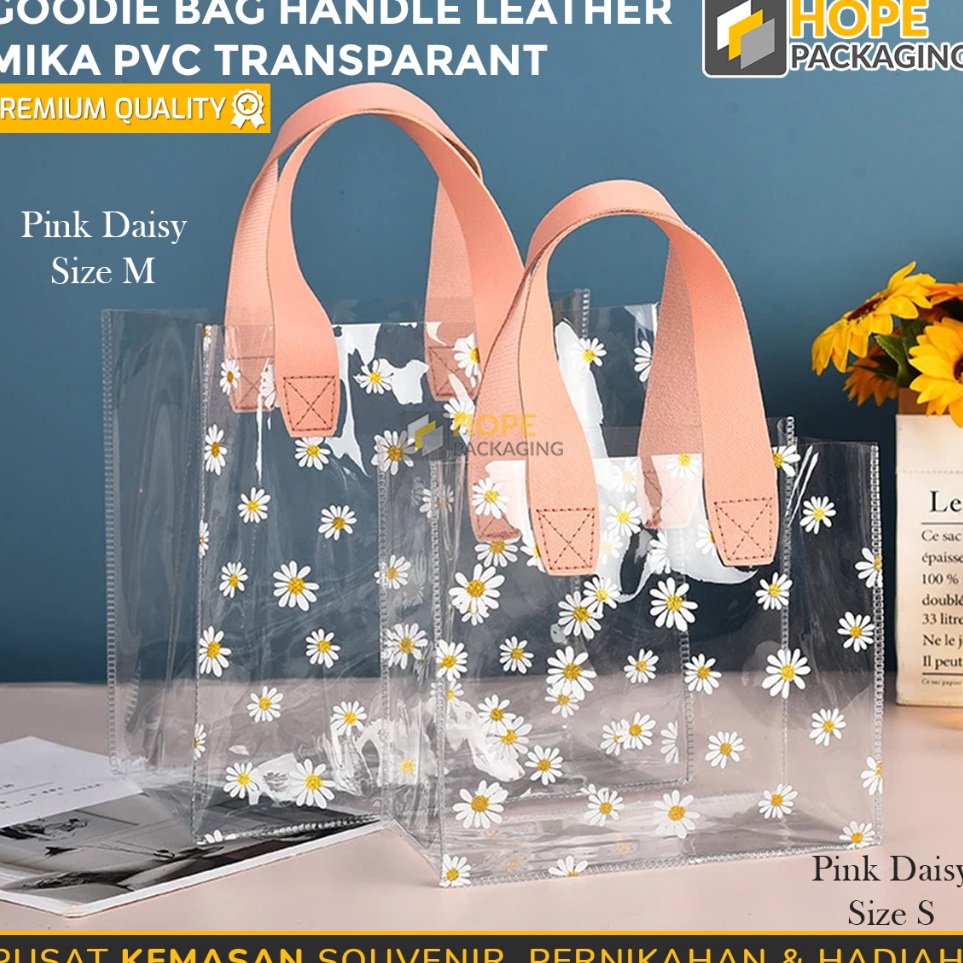 ➸➚✣ Tas Pvc Transparan Motif Bunga Daisy / Goodie Bag Handle Leather Mika Premium / Tas Belanja / To