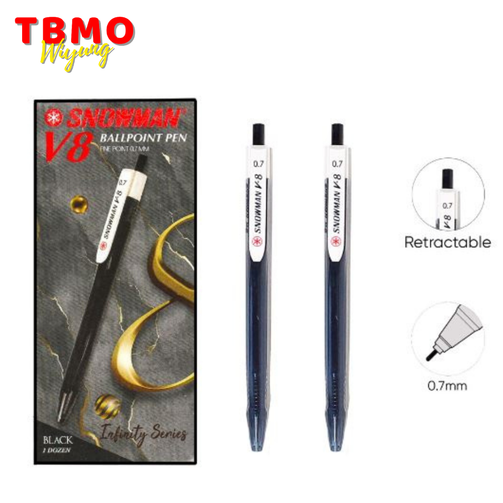 

( 1 Pack ) TBMO Bolpen / Pulpen Snowman V8 Hitam Per Pack Isi 12 Pcs