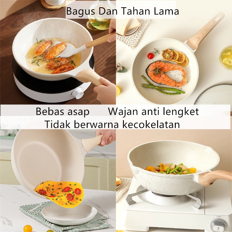 OFFICIAL Granit Putih Antilengket Peralatan Masak Dapur Wajan Rumah Tangga Premium Set 4 Pcs Wajan