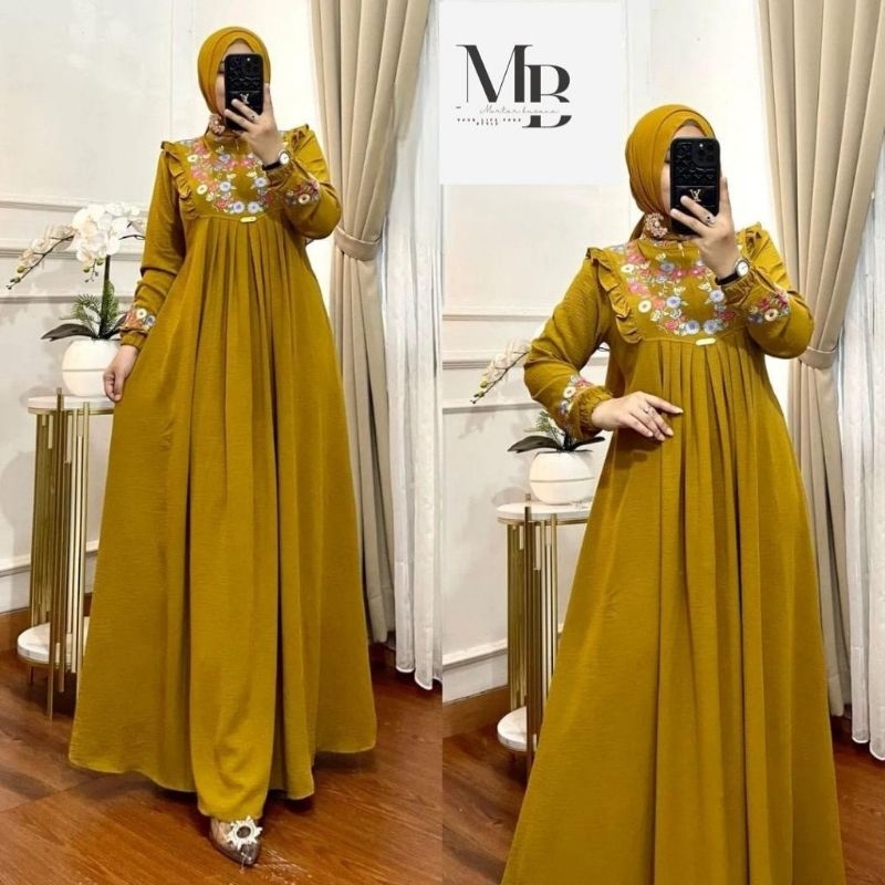 GAMIS BORDIR BUNGA TIMBUL BAHAN CRINKLE/GAMIS AZIZAH MEWAH TERBARU TERMURAH-3
