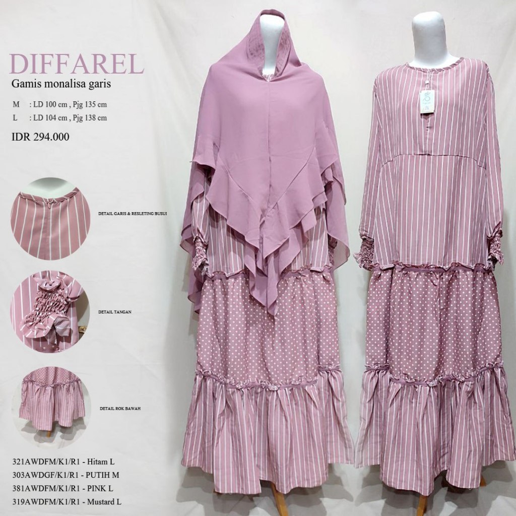 Gamis Ceruty Premium| Gamis Garis dan Motif Kekinian| Gamis Terbaru Set Jilbab|Gamis Diffarel Monali