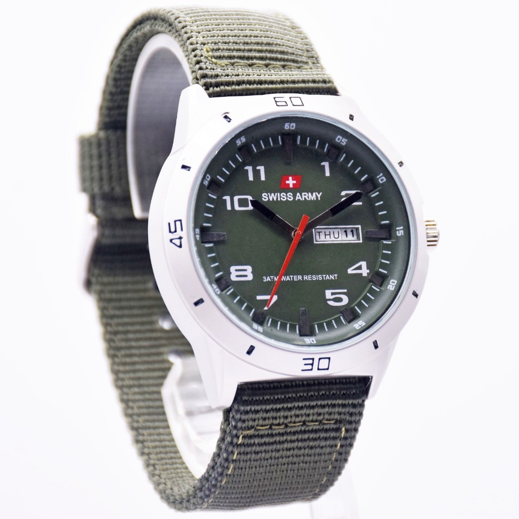 Jam Tangan Pria Swis armi Tali Kanvas Tanggal Hari Aktif Silver