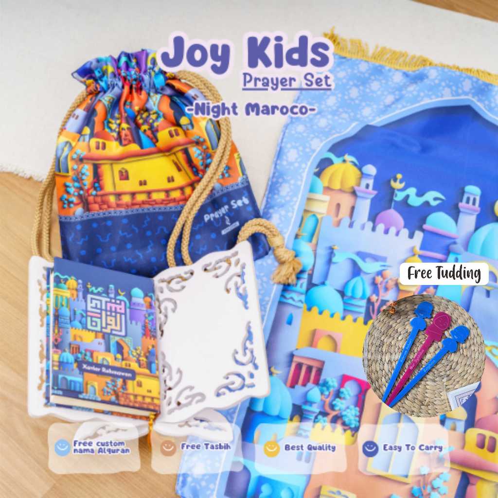 Paket Alquran Sajadah Anak Custom Nama + Tas Pouch (Free Tasbih Mutiara) Character Joy Kids Untuk Ka