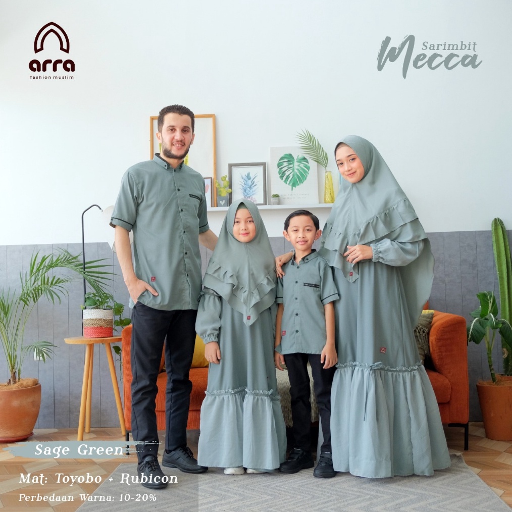 Bisa COD Mecca Sarimbit Set Keluarga (Koko Kemko Gamis Kerudung Khimar) Warna Sage Green Fashion Mus