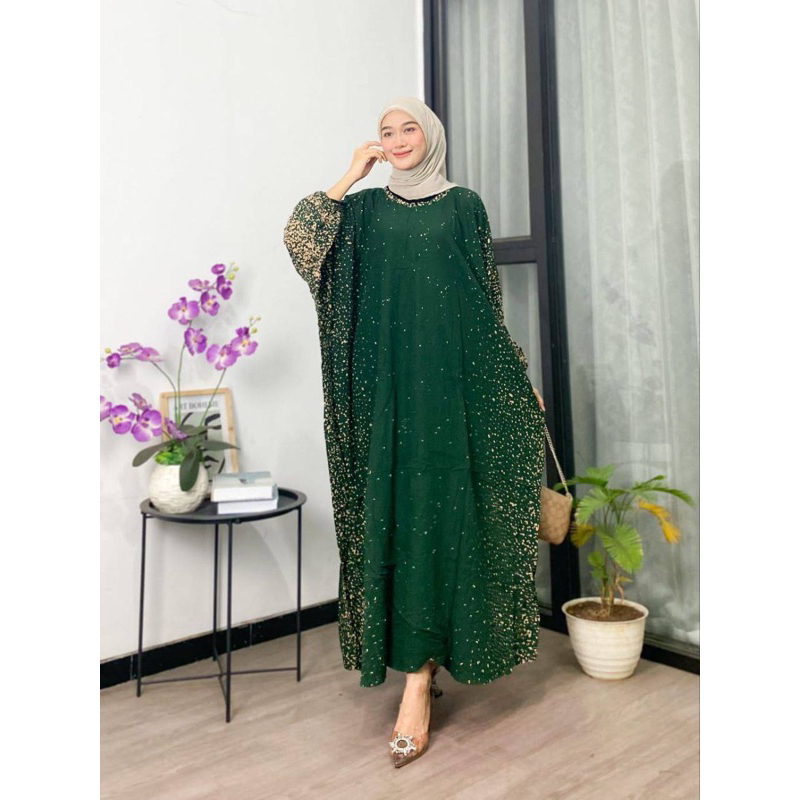 Kaftan Wanita - Daunda Kaftan Size Jumbo XXXXL Motif Daun Lengan Panjang Busui Resleting by Nadira_Fashion / Gamis Rayon Jumbo Kaftan Terbaru-Semprot botol