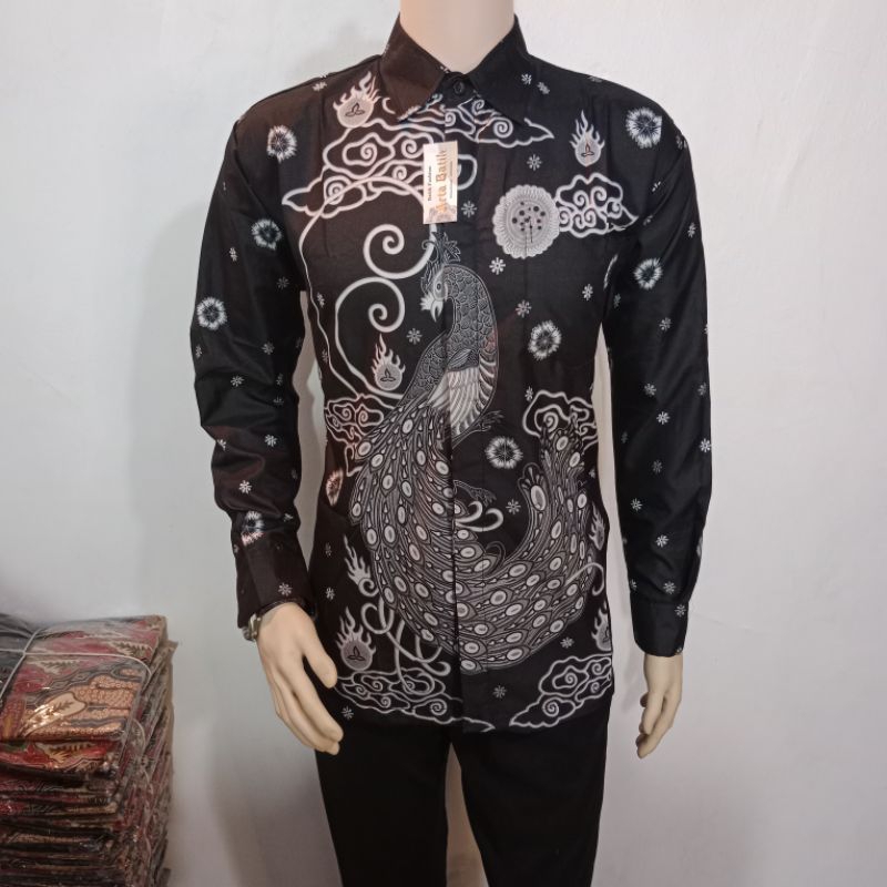 kemeja batik motif merak abu-abu original arta batik super KODE 008 l batik premium l batik hitam ma