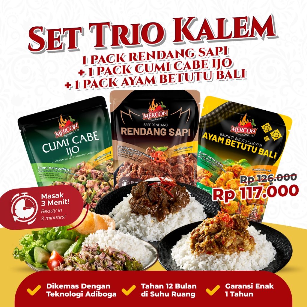 

Terbaru 12.12 Mercon Merah Putih - Set Trio Kalem || Rendang Sapi + Cumi Cabe Ijo + Ayam Betutu !!