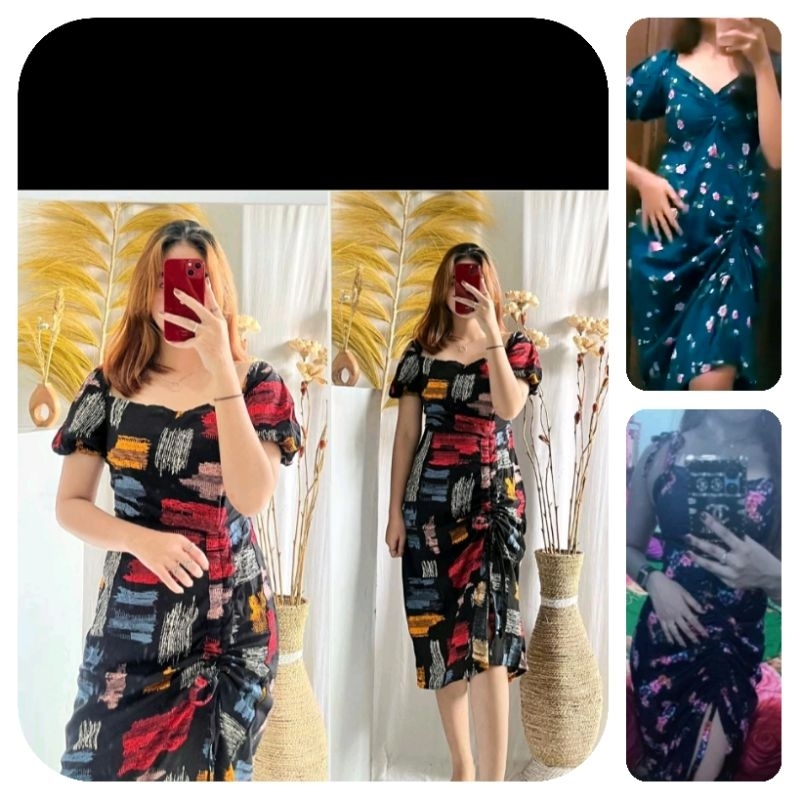 (Ready bisa pilih motif) Dress Serut Tali Pita dan Lengan Pendek 2 in 1 / Daster Kerut Panjang Rayon