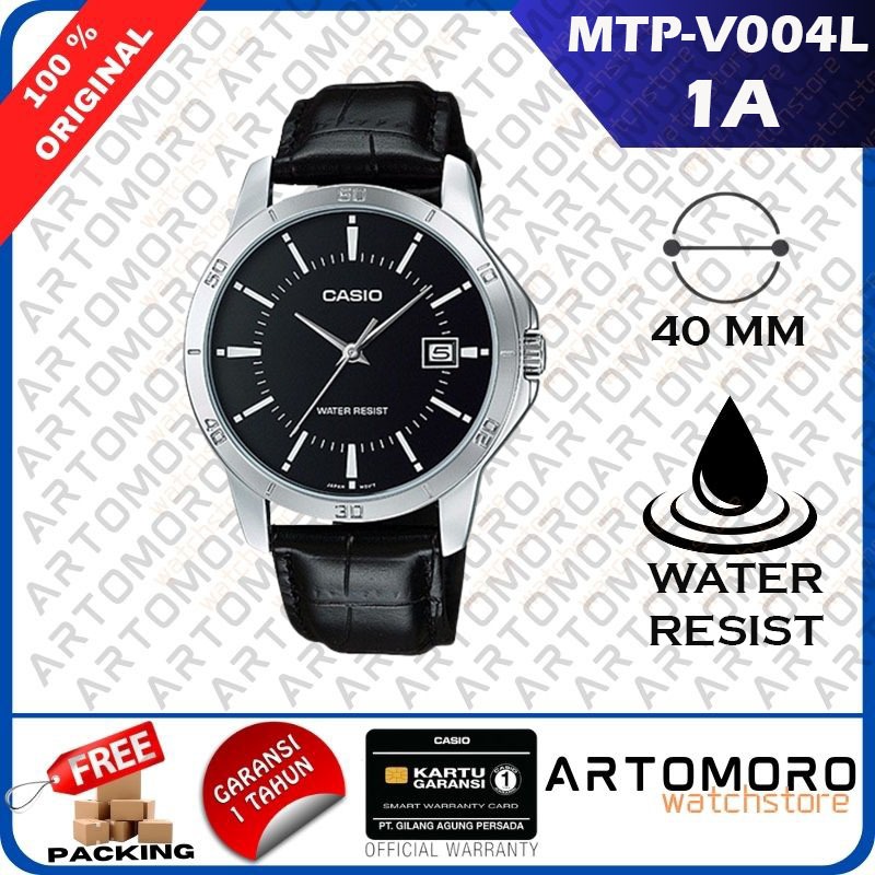 Casio Original MTP-V004L-1A / MTP-V004L1A  warna Hitam Jam Tangan Kulit Formal Mewah