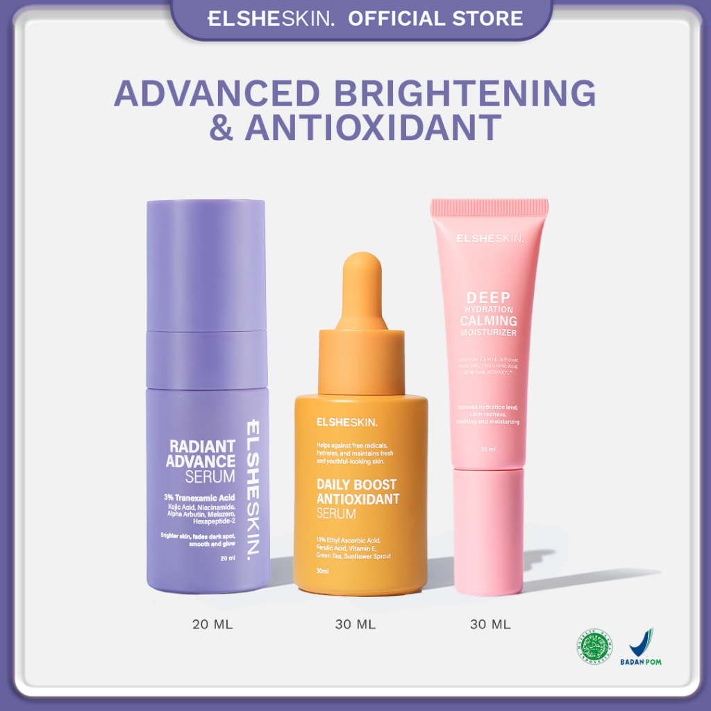 [PAKET ADVANCED 3pcs 30ML] Elsheskin Skincare Serum, Moisturizer for Advanced Brightening, Moisturizing, Calming, Hydrating, Anti-Aging, Anti-Acne, Melembapkan, Menghidrasi, Menenangkan Kulit Iritasi Kemerahan, Antioksidan, Kontrol Minyak