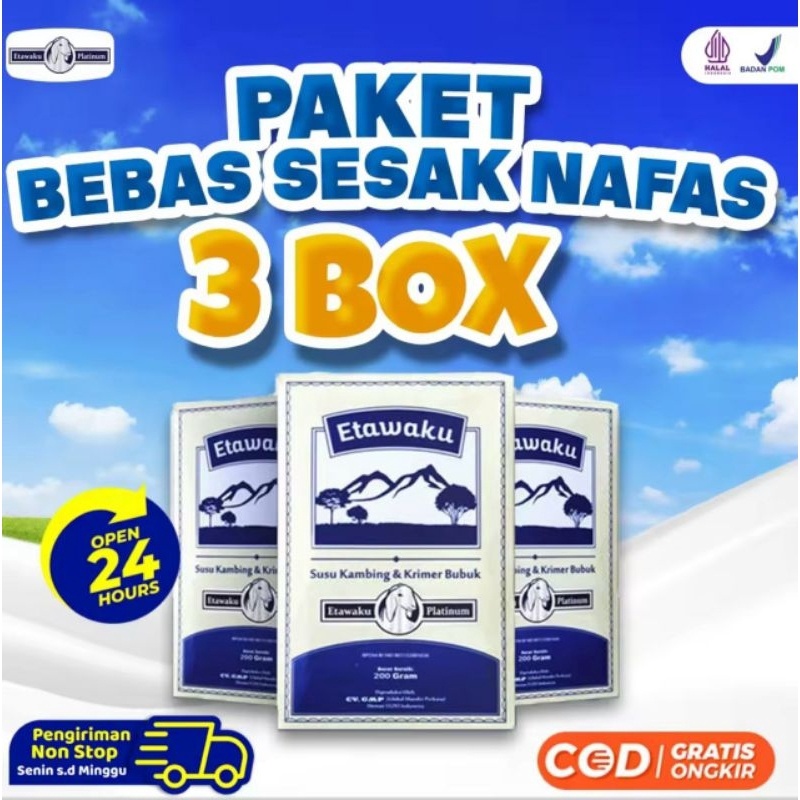 

TERLARIS PAKET 3 BOX ETAWAKU PLATINUM - Susu Kambing Etawa Provit Solusi Atasi Masalah Gangguan Pernapasan / Asma / Lutut Sakit Tulang Sakit Nyeri Sendi Tulang Keropos Osteoporosis Obat Nafas Napas Lega Minuman Kesehatan Termurah Terlaris Terampuh grosir