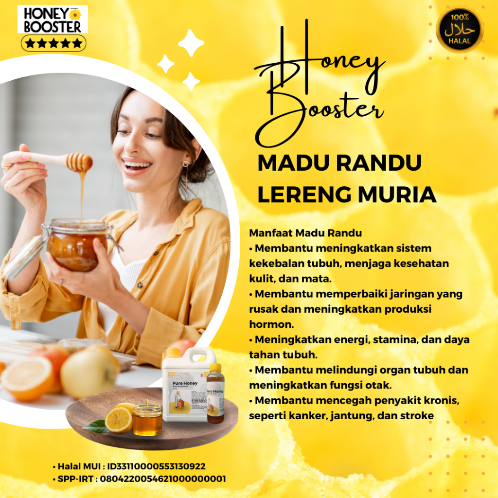 

Madu Randu Murni Honey Booster 300gr Grade A 100% Madu Asli Multiflora Super Premium Madu Meningkatkan stamina dan daya tahan tubuh. Meredakan demam, batuk, pilek, sakit kepala, panas dalam, sariawan, bibir pecah-pecah, radang tenggorokan, amandel