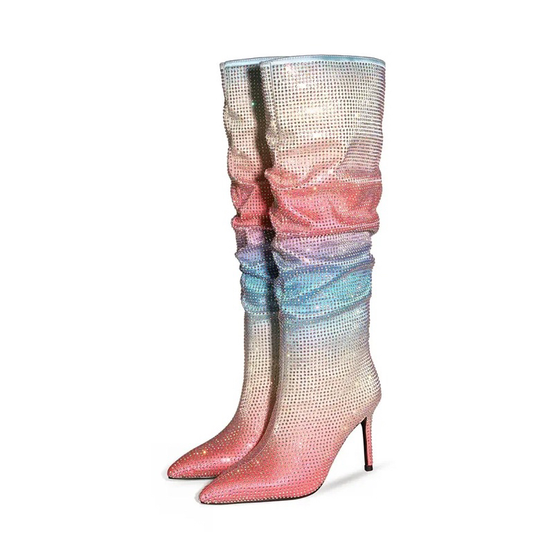 European and american women's gradient rhinestones boots, fashionable pleated sleeve boots, slim hig