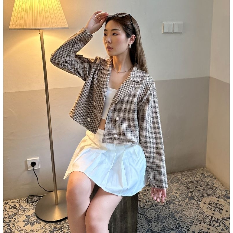 Yoan 53 - Gretha Blazer crop top - Tweed Blazer korean - Outer crop korea wanita