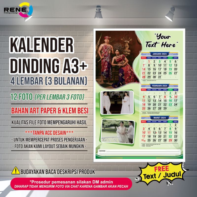 

Kalender Dinding 2024 Custom Foto 3 bulanan 4 lembar