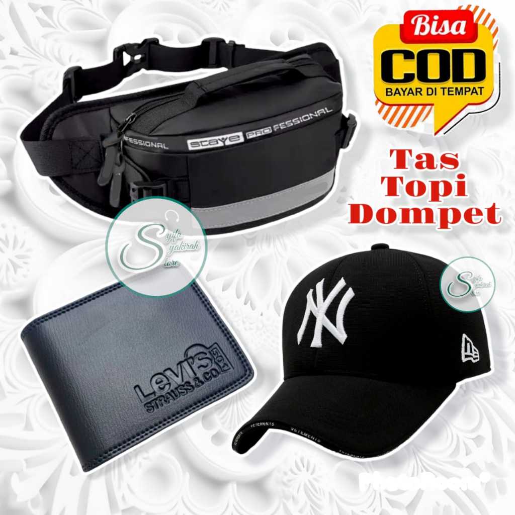 Paket Gaya Kasual Tas Selempang Pria Topi Distro dan Dompet Kekinian Tas Selempang Topi dan Dompet Kulit Pria Lipat Dua Sintetis Tas Pinggang Terlaris