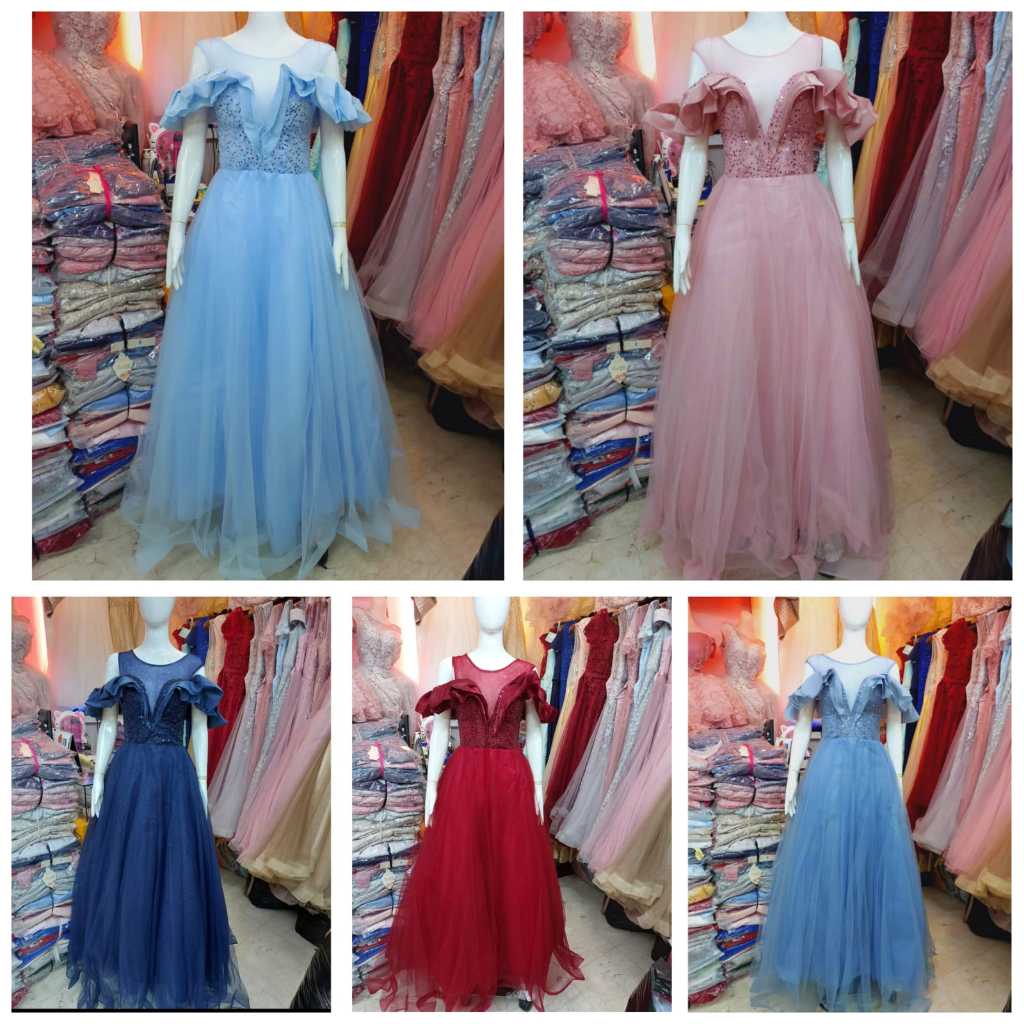 Gaun pesta off shoulder biru  pink navy dusty blue merah maroon dress bridal fio11