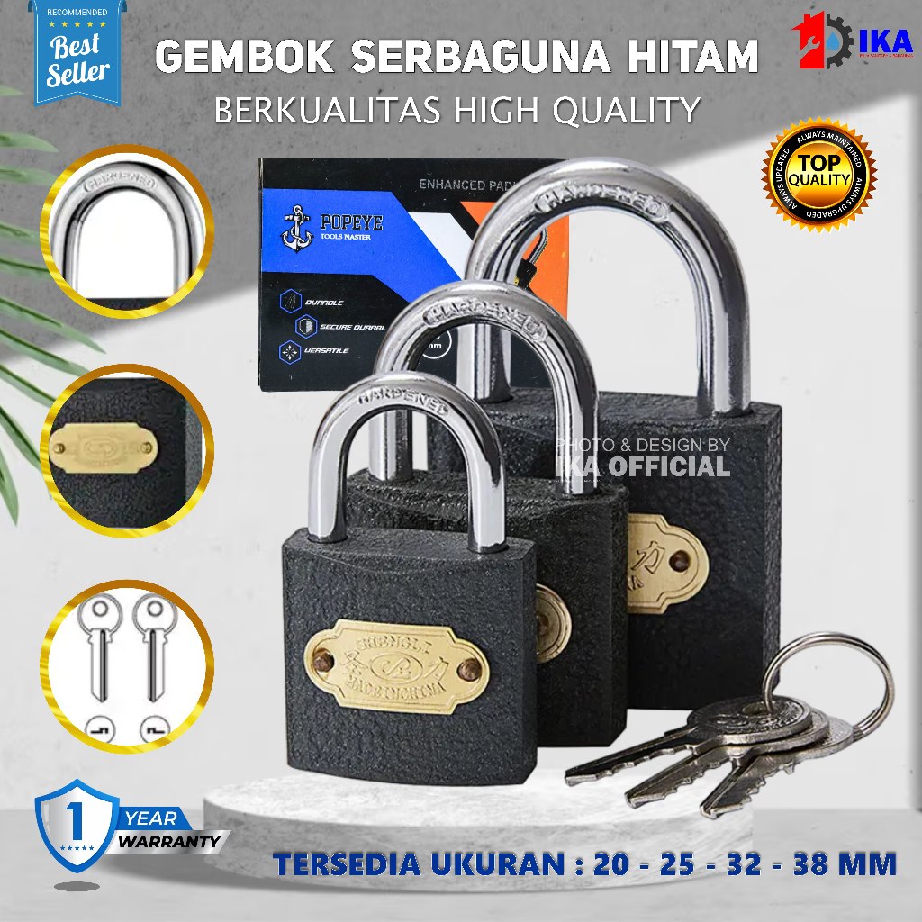GEMBOK HITAM GLOBE POPEYE SUPER KUAT 20 25 30 40 mm / Gembok Pagar Pintu Rumah Kuningan / KUNCI