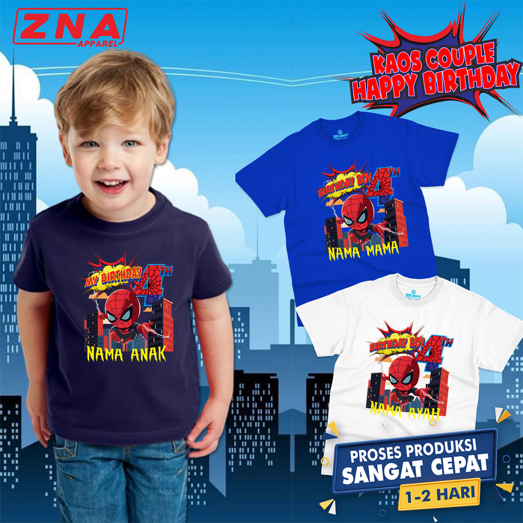 Kaos Ulang Tahun Anak Laki Laki  Motif Spiderman | Baju Couple Keluarga Ultah Bisa Custom Nama