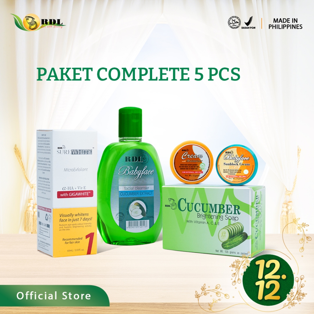 RDL Paket Complete SureWhite 1 Skincare Mencerahkan dan Meratakan Warna Kulit Wajah Papaya Kojic Moisturizer Cream Sabun Cuci Muka Facial Cleanser Toner Sunblock