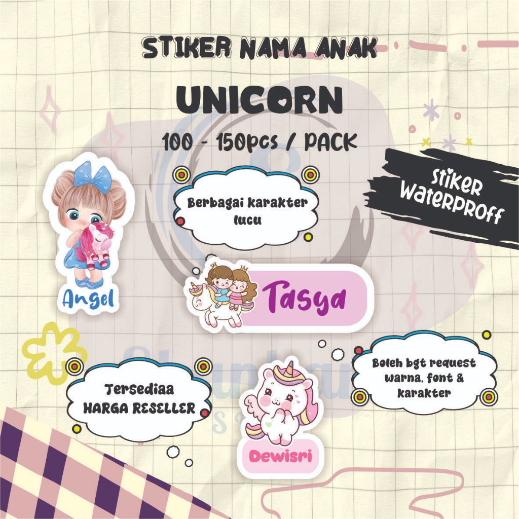 

( 100-150pcs) Stiker Nama TEMA UNICORN / Stiker Tumbler / Stiker Barang / Stiker Efek Hologram