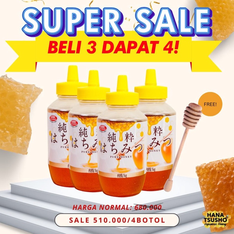 

DRP Paket Hemat Beli 3 GRATIS 1 Madu Murni Jepang HanaTsusho 1 KG (CHECKOUT 4 BOTOL UNTUK BUY 3 FREE 1) wt7op