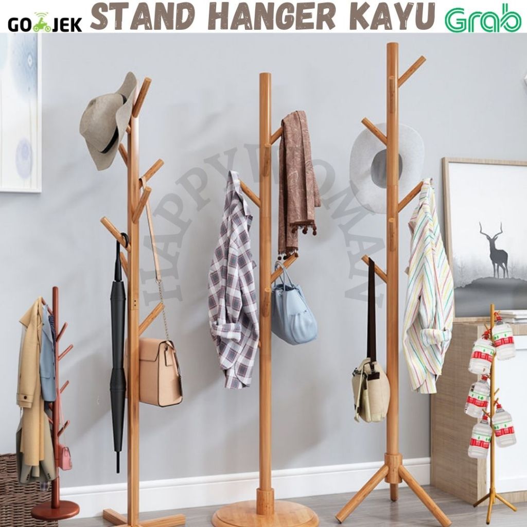 Stand Hanger Kayu Rak Baju Jaket Topi Gantungan Berdiri Hanger Baju Kayu Gantungan