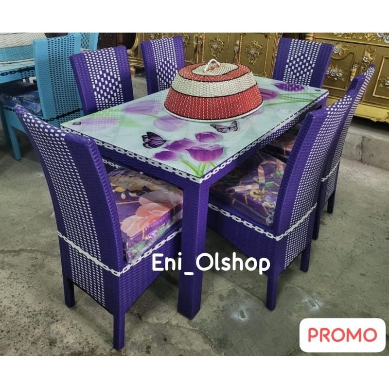 PROMO - 1 SET MEJA MAKAN BATIK 6 KURSI + MEJA MOTIF/ KARAKTER PALEMBANG, FREE TUDUNG SAJI + JOX KURS