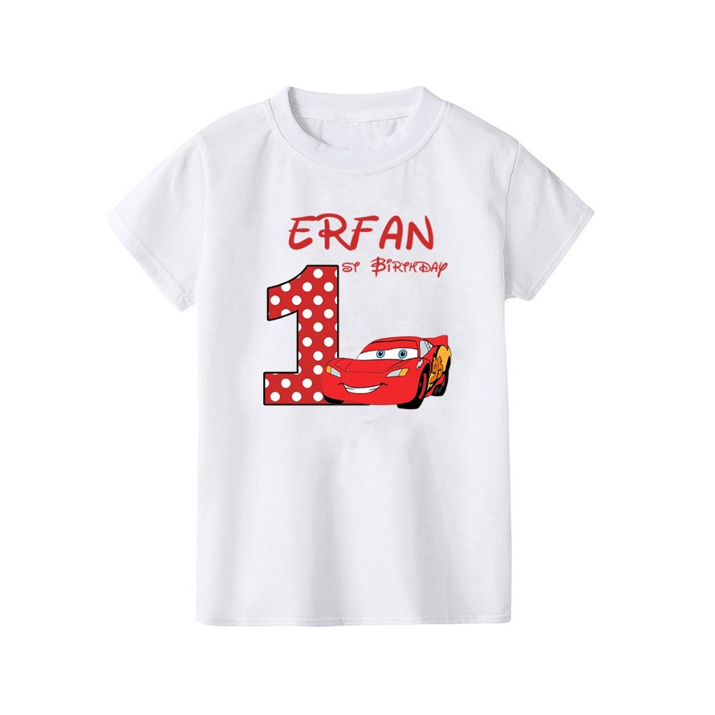 Kaos Birthday/Ulang Tahun Free Custom Nama & Angka CARS MCQUEEN ANGKA POLKADOT