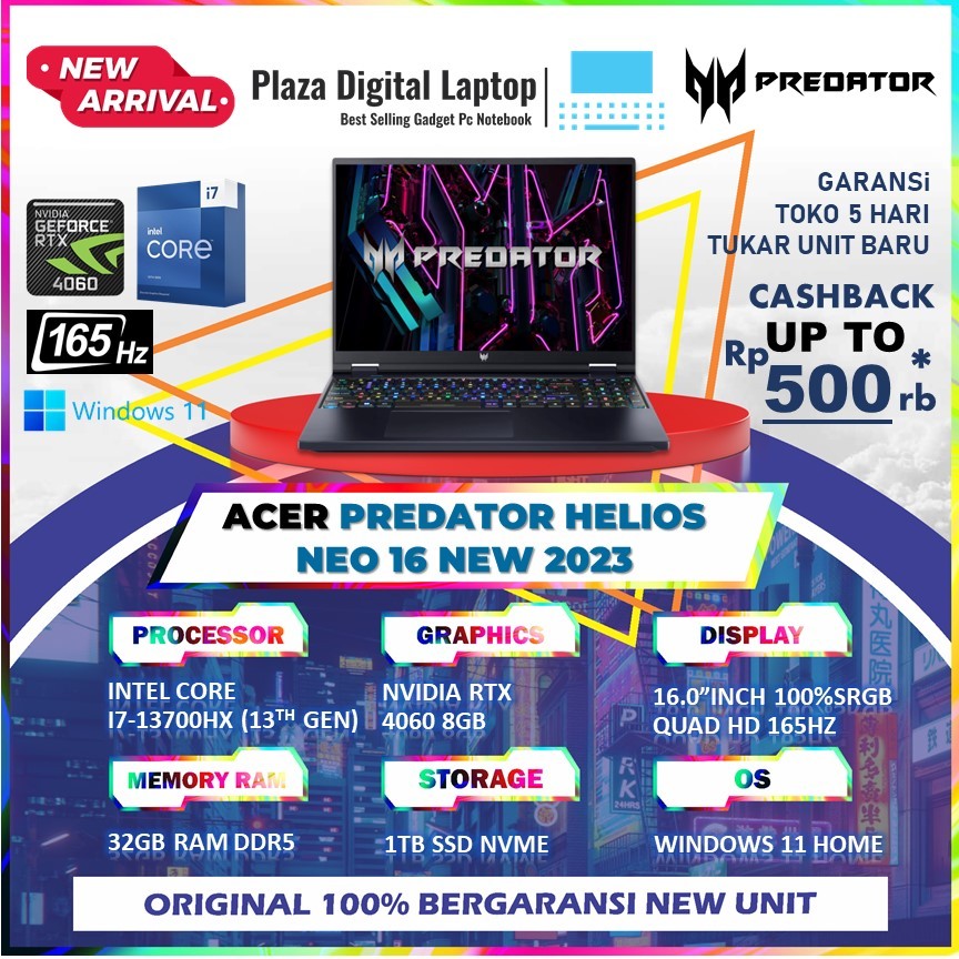 Acer Predator Helios Neo 16 2023 Intel Core i7-13700HX RTX4060 8GB/ 32gb Ram 1TB SSD W11 16.0 Quad HD IPS 165HZ