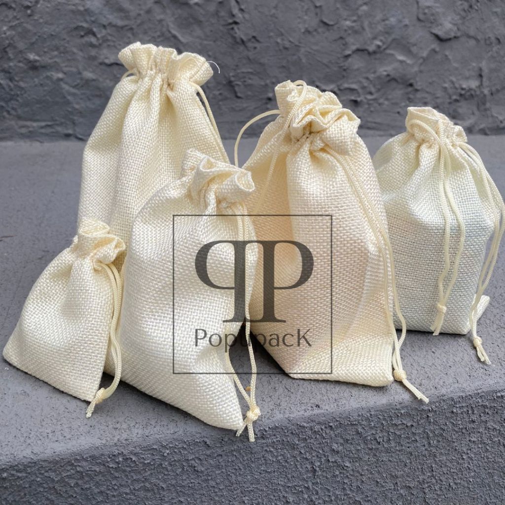 Pouch Serut Model Goni Kantong Serut Linen Drawstring Bag Goni BROKEN WHITE
