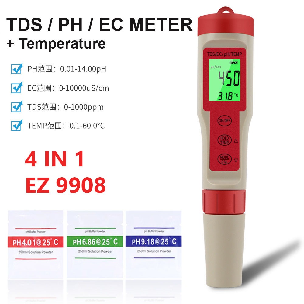 EZ9908 4 in 1 PH TDS EC TEMP Meter Digital Back light Water Quality Tester Air Aquarium penguji air 