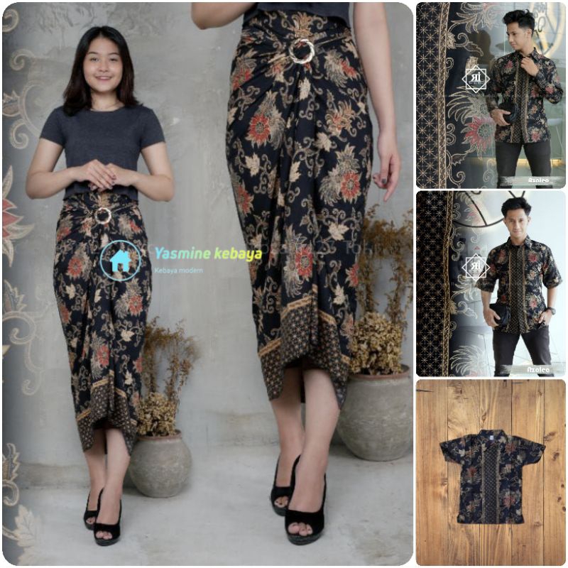 Couple Rok Plisket Dan Lilit Jumbo Set Kemeja Batik Pria / Baju Batik Couple Motif Azalea Hitam / Co