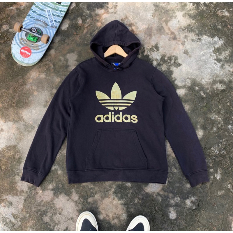 Adidas trefoil hoodie metallic big logo gold