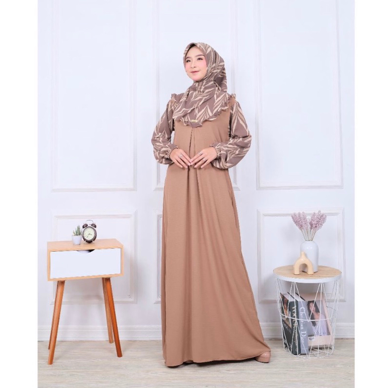 Gamis Rivka Dress Crinkle Import Mix Ceruty Print Premium  FREE PASHMINA Busui dan Wudhu Friendly - 