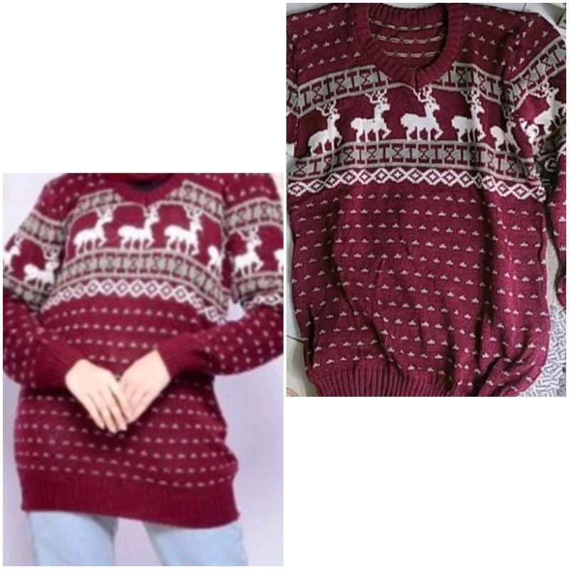 (sepasang isi 2) rusa sweater rajut merah putih/sweater rusa natal/baju couple/sweater couple tema n