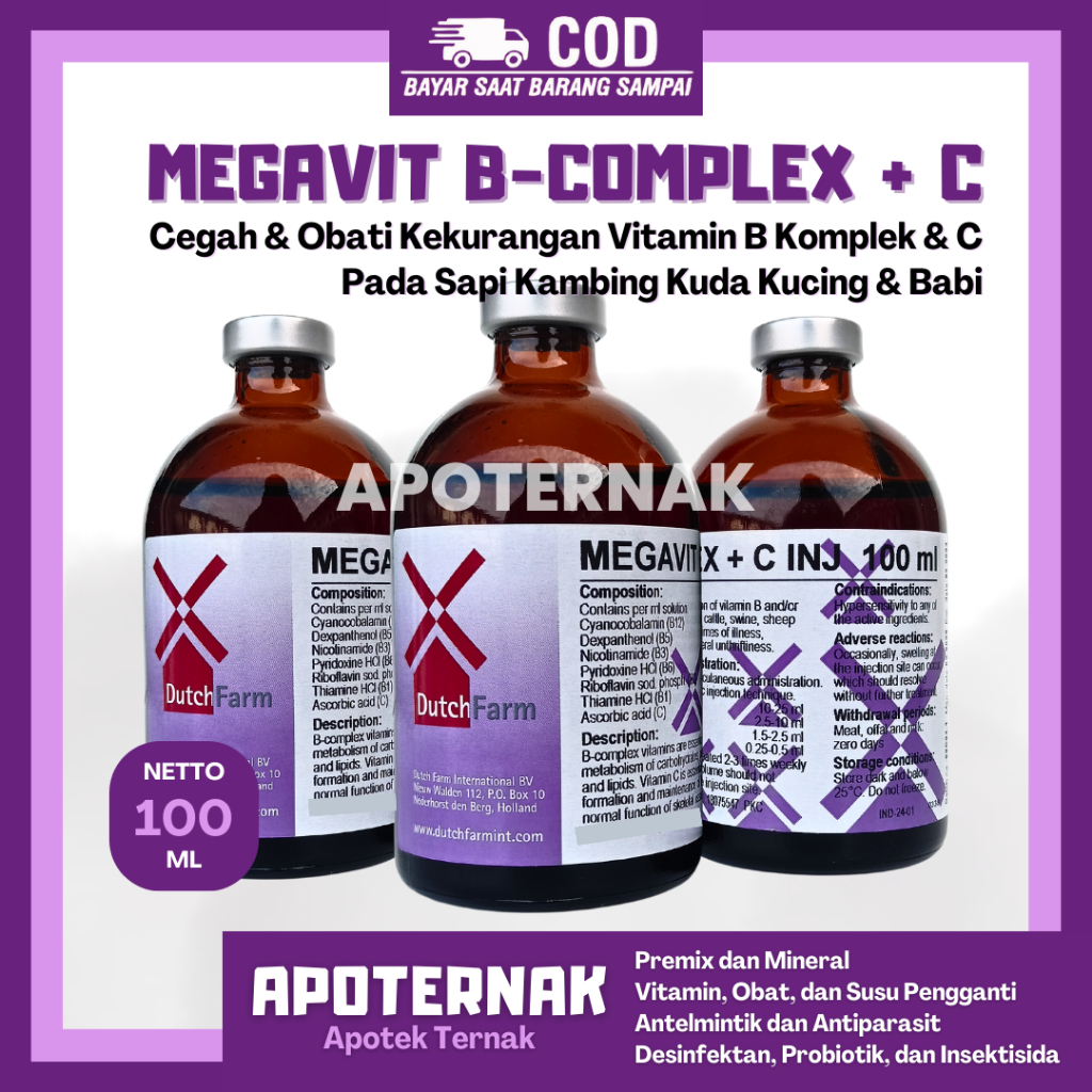 MEGAVIT B COMPLEX + C INJ - Injeksi Vitamin B Komplek dan Vitamin C Untuk Hewan Sapi Kambing Kuda Ku