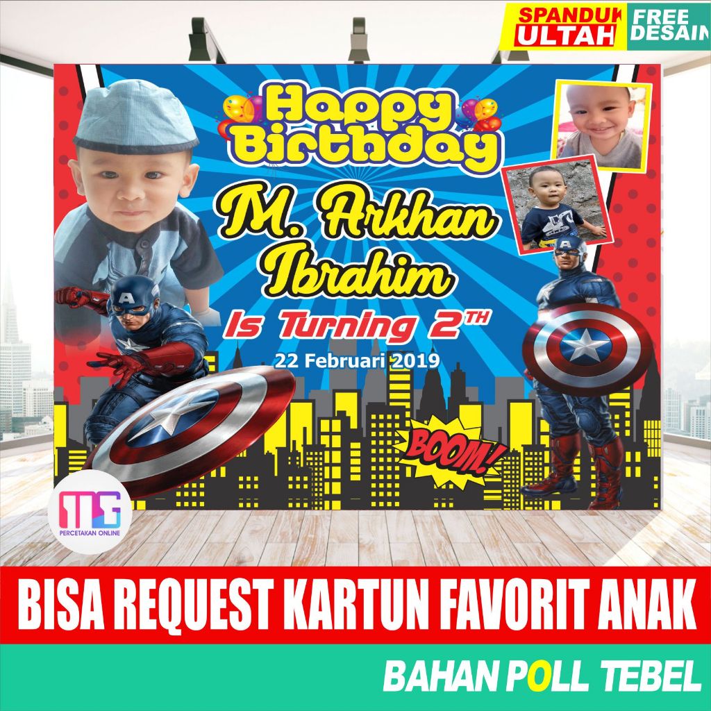 Spanduk Ulang Tahun Anak Laki Laki Tema KAPTEN AMERIKA- banner ultah captain america - backdrop ulta