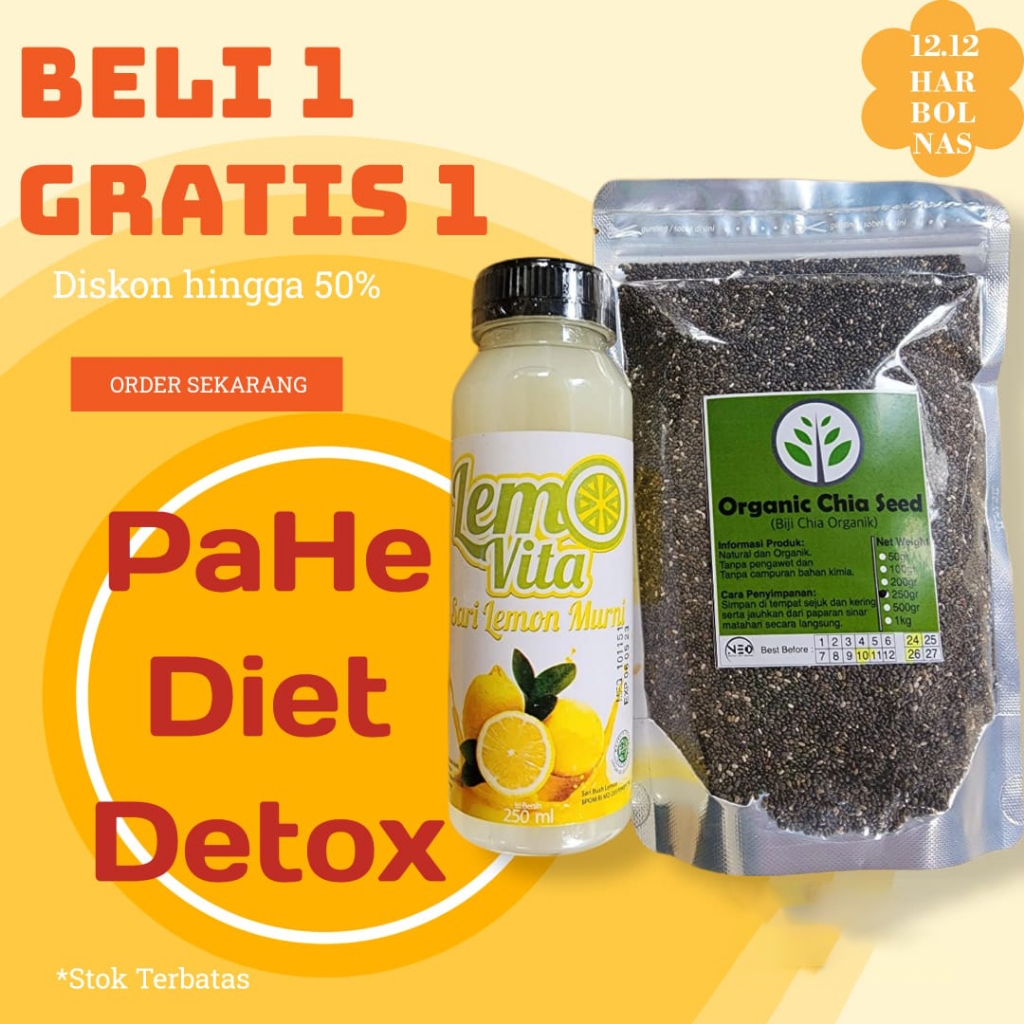 

Paket Hemat 1 Bulan! Lemovita Sari Lemon 250ml+Organik Chia Seed 250gr Pahe Neo 1) Paket bundling minuman sehat dan enak