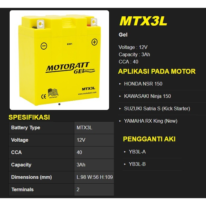 Aki Motor Yamaha RX King MTX3L Motobatt Aki Kering Gel Original Ori