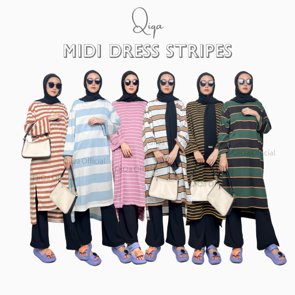 QiQa Kaos Midi Dress Stripes Salur oversize tunik stripe