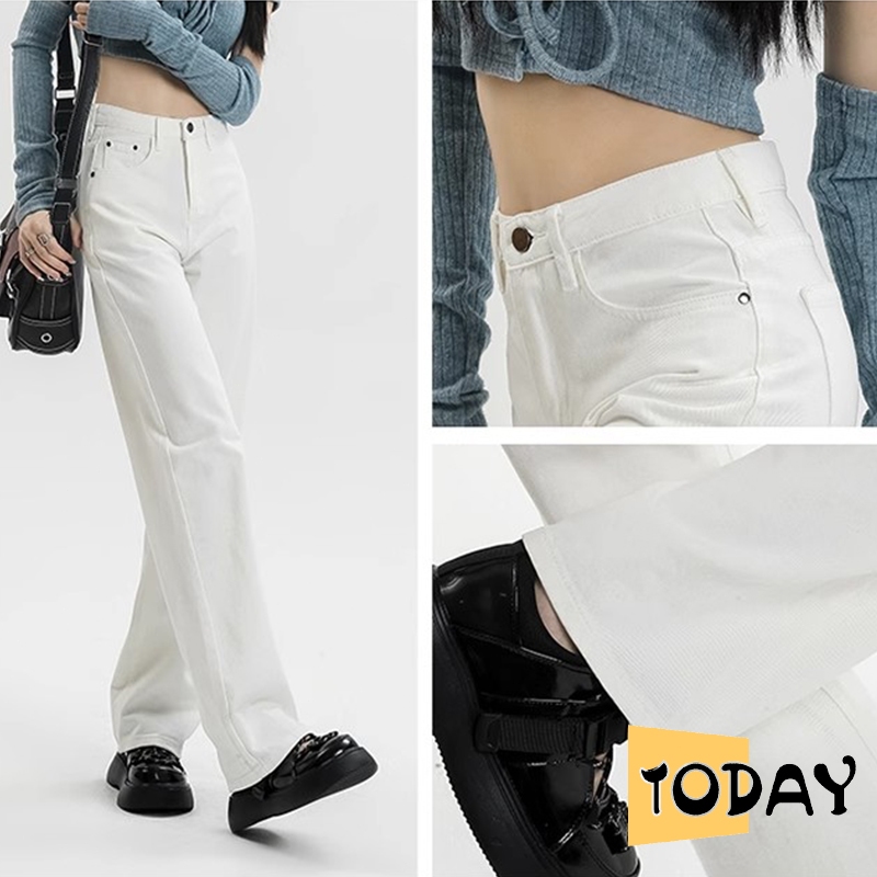 VV - Celana kulot wanita jeans putih wanita highwaist jeans straight jeans Celana wanita denim korea