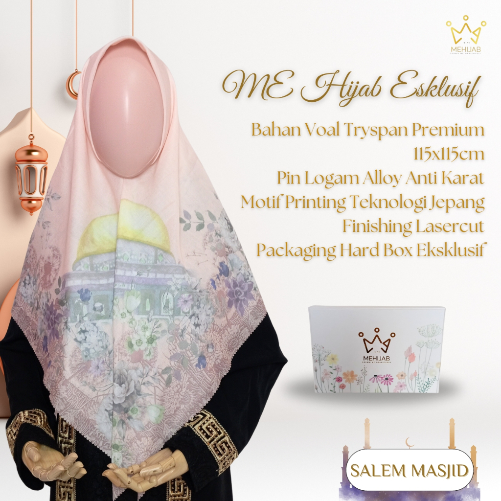 Jilbab Segi Empat Eksklusif Motif Masjid Salem Hijab Bahan Voal Premium Kerudung Laser Cut
