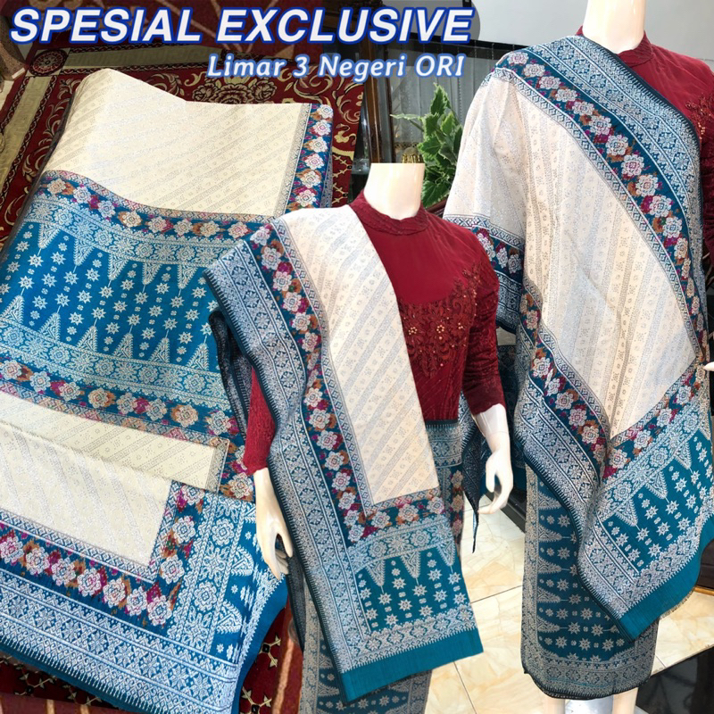 SPESIAL EXCLUSIVE Songket limar 3 Negeri ORI/putih tumpal Biru toska  / Songket tenun palembang asli