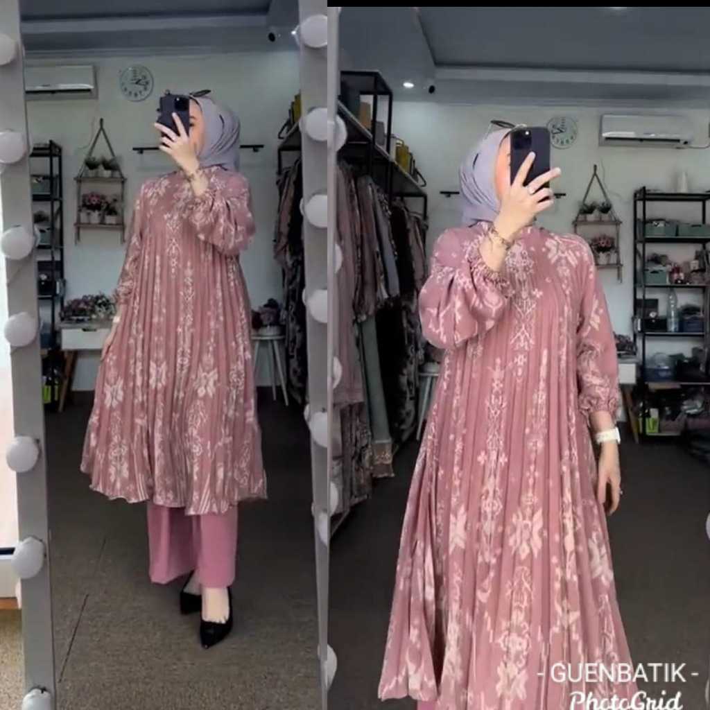 NEW SET LONG PLISKET SILK SONGKET TERLARIS SETELAN TUNIK WANITA KEKINIAN SET MIDI KULOT PREMIUM ONES