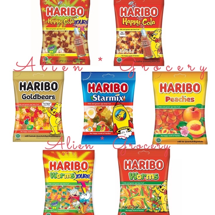 

Terlaris HARIBO Jelly Candy Goldbears Happy Cola Peaches Star Mix Worms 80gr 160gr