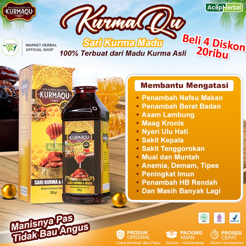 

B982 Kurmaqu Sari Qurma Dan Madu Suplemen Penggemuk Badan Penambah Nafsu Makan Asam Lambung Gerd Perut Begah Bau Mulut Sakit Kepala Anemia Untuk Anak dan Dewasa 100% Original Bpom Halal ✦Diskon Promo