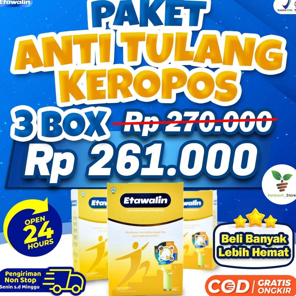 

Grosir Paket 3 Box Susu Etawalin Original - Susu Etawa Bubuk Atasi Nyeri Pinggang Sendi Lutut Osteoarthritis Rematik Asam Urat Osteoporosis Aman Alami Halal BPOM