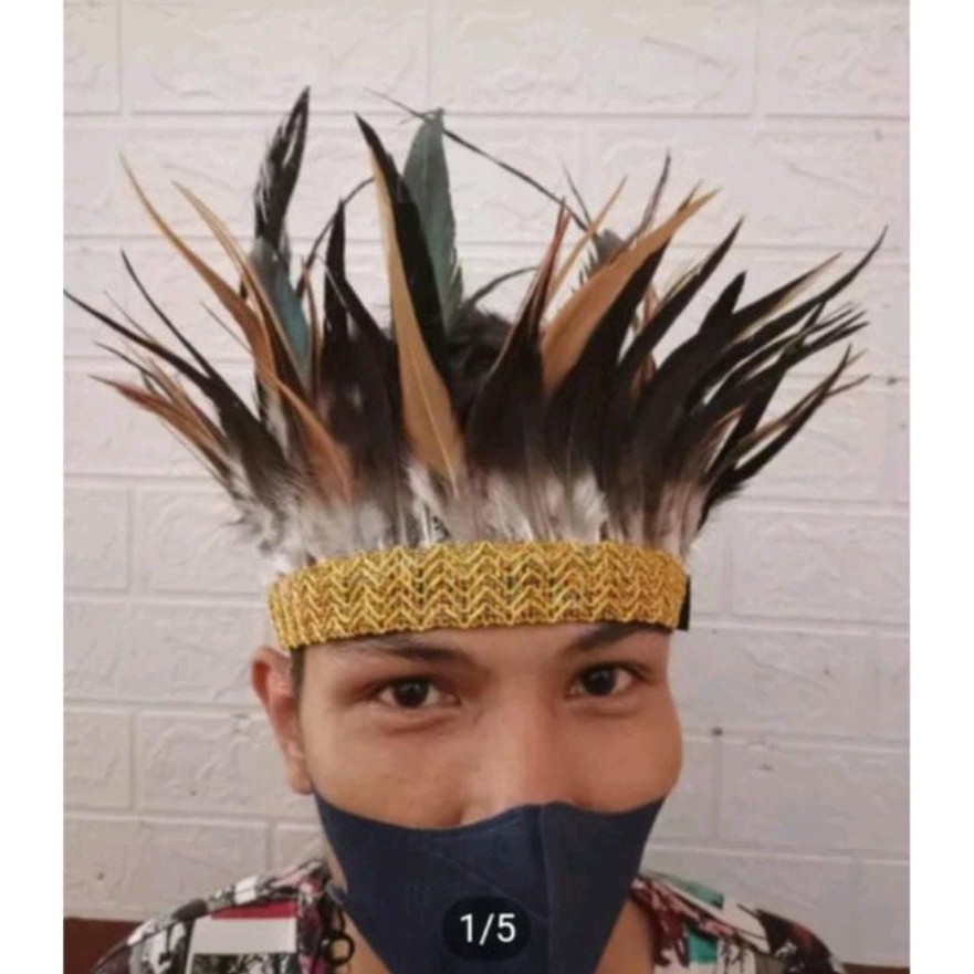 PROMO!! 1 Set Aksesories Kepala Bulu dayak / Topi Bulu adat dayak / aksesories kaki Tangan Bulu kalu